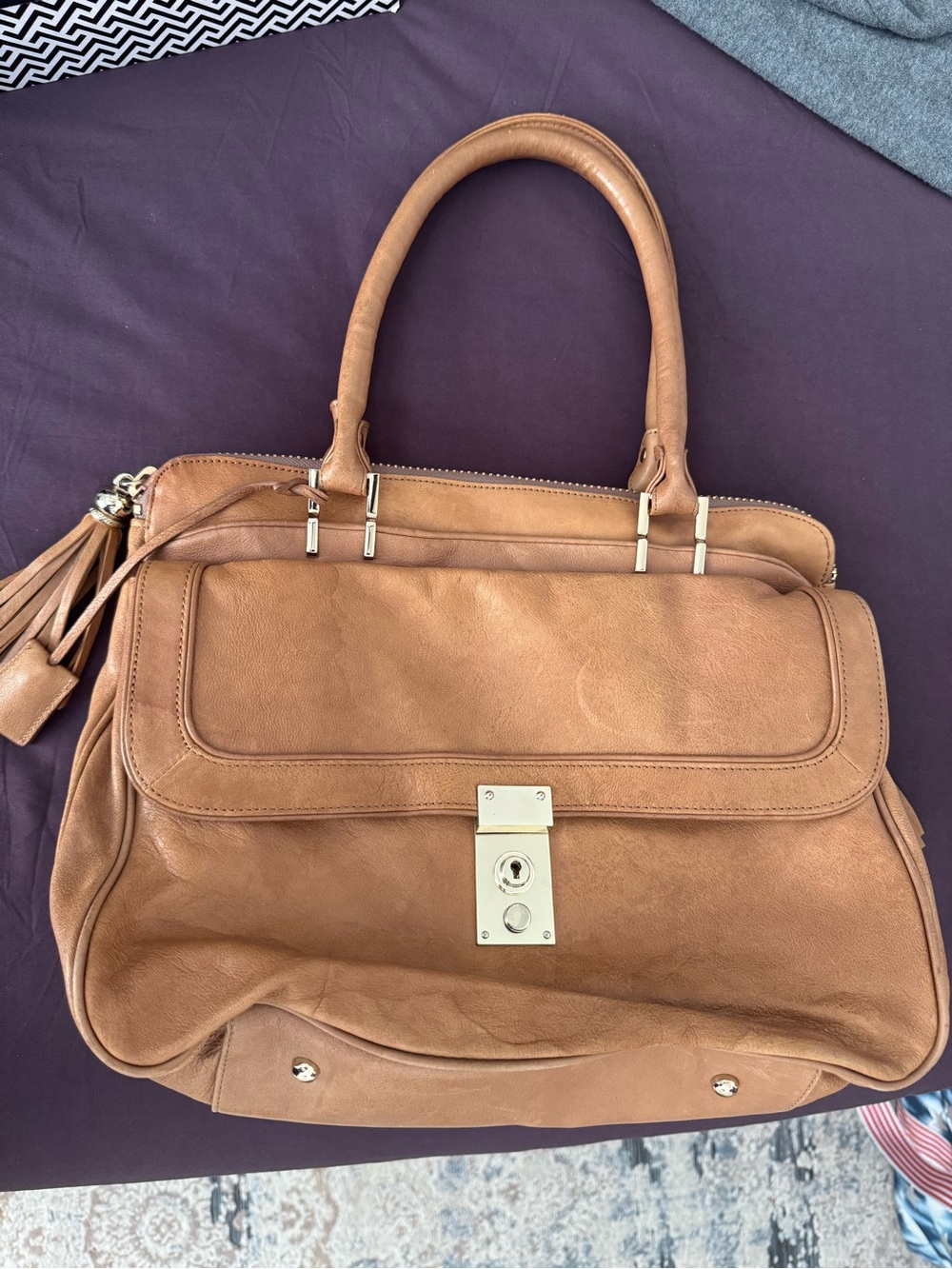 Tre Vero Cognac Leather Satchel with Gold Hardware